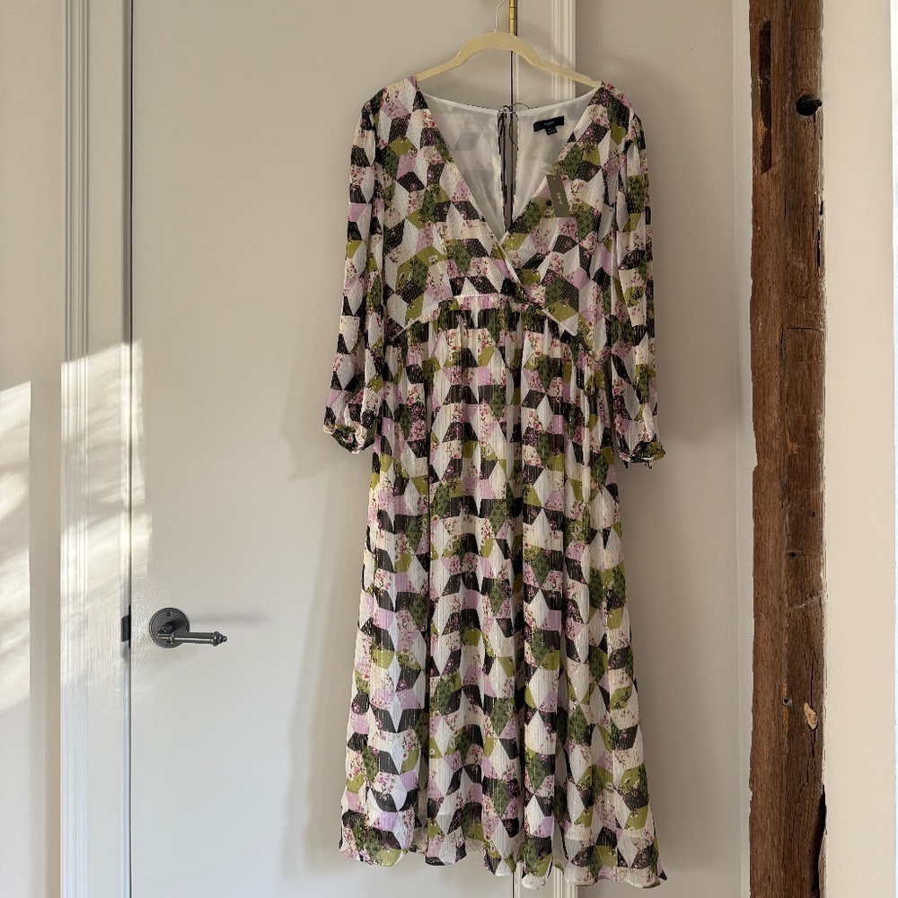 NWT J.Crew Chiffon Metallic Thread Patchwork Print Midi Dress size 10